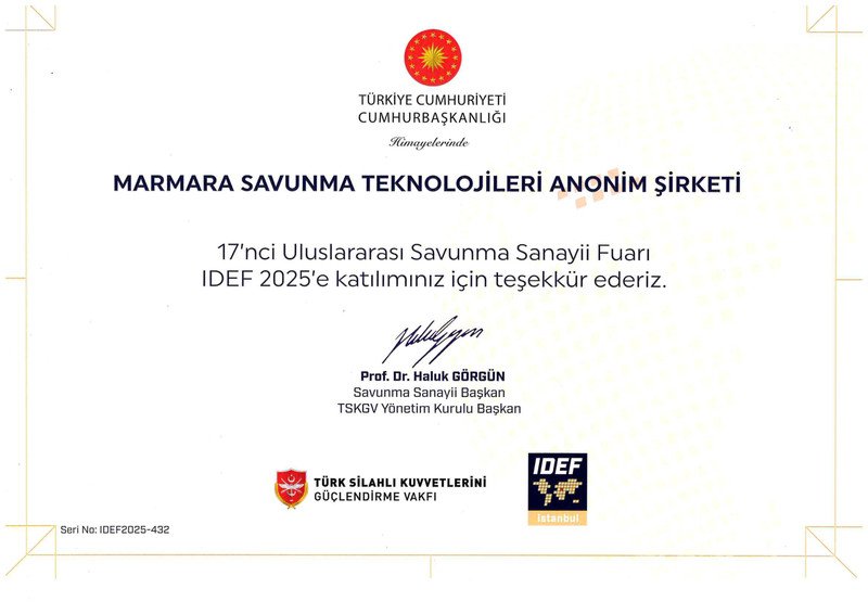 IDEF'25 Katılım Belgesi